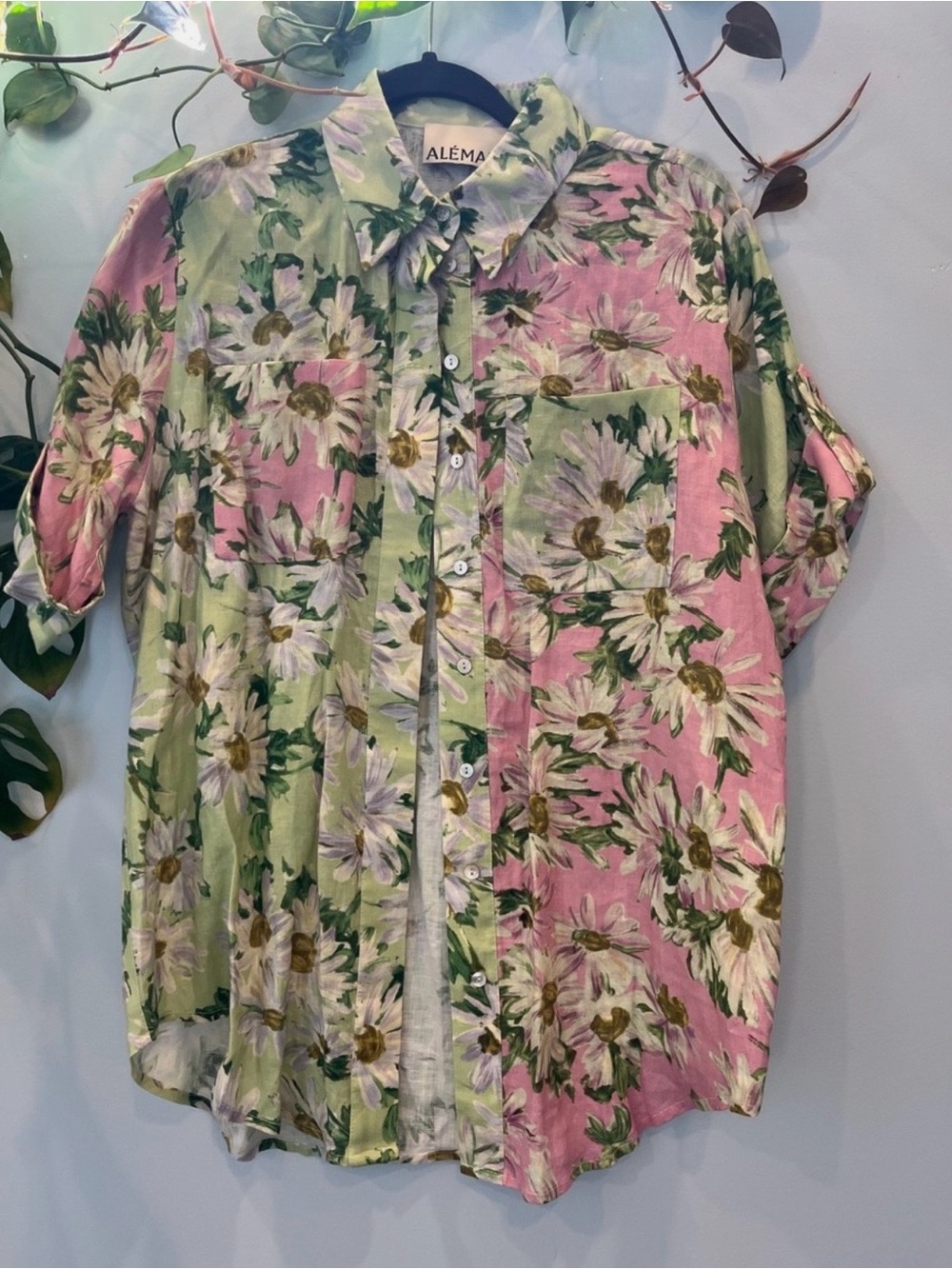 Alemais Pink and Green Daisy Print Button-Down Shirt 100% Linen US Size 2